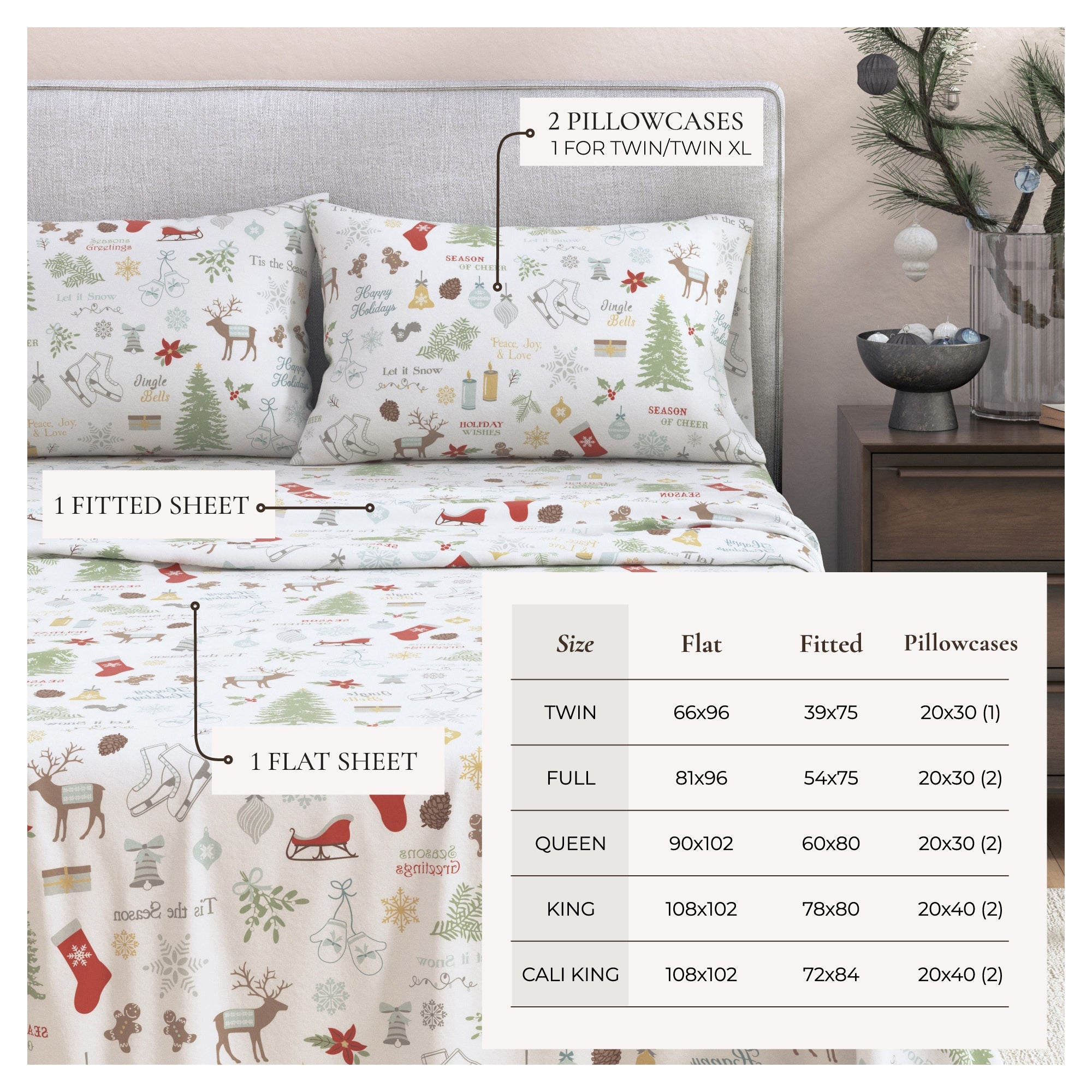 Turkish Cotton Christmas Flannel Sheet Set - Whittaker Collection